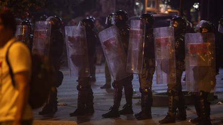 Riot police at protests in Belgrade, Serbia, June 28, 2025.