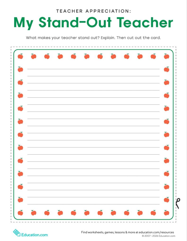 Teacher appreciation: My stand out teacher worksheet