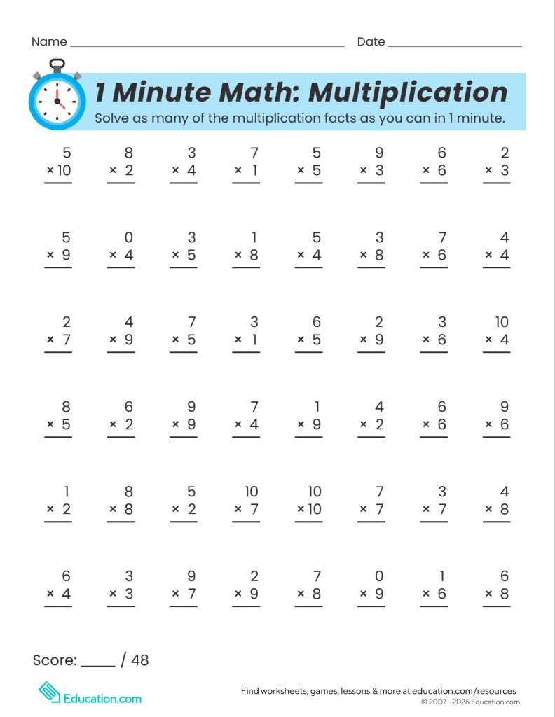 1-minute multiplication worksheet