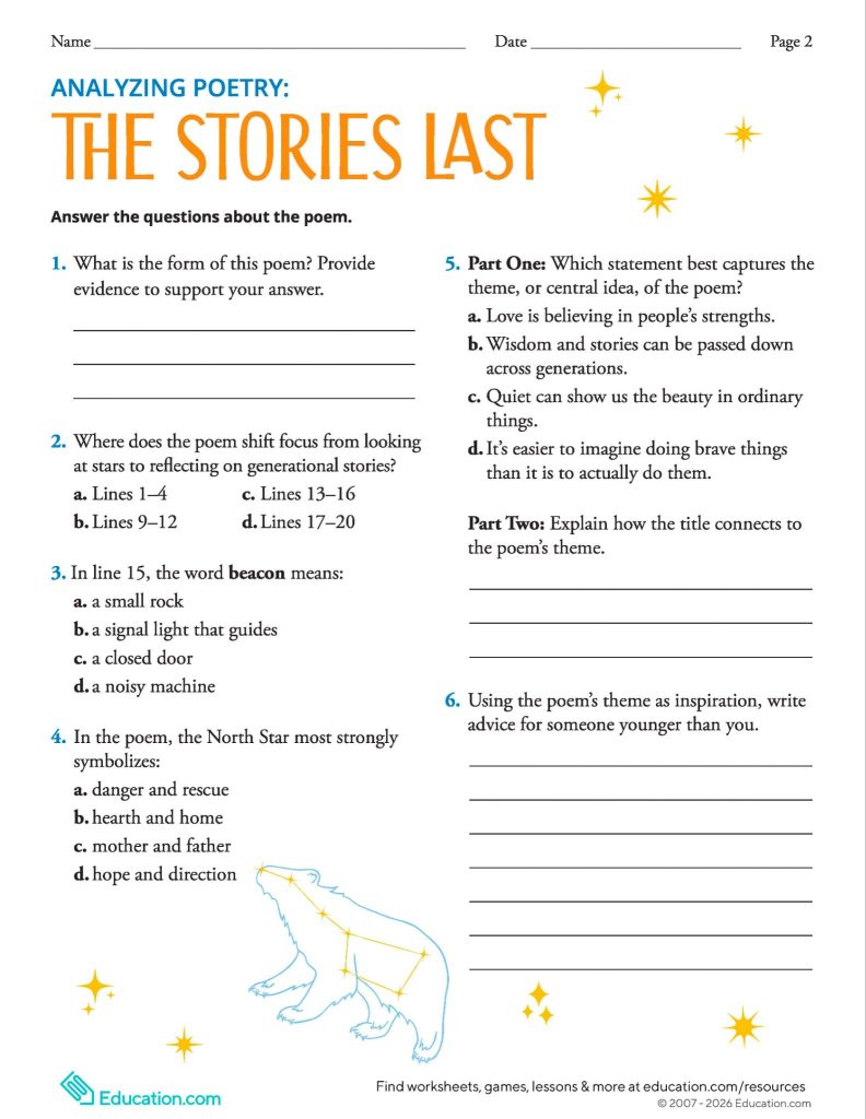 Education.com worksheet called Analyzing Poetry: The Stories Last Page 2