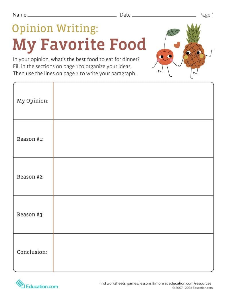 Opinion Writing: My Favorite Food worksheet page 1