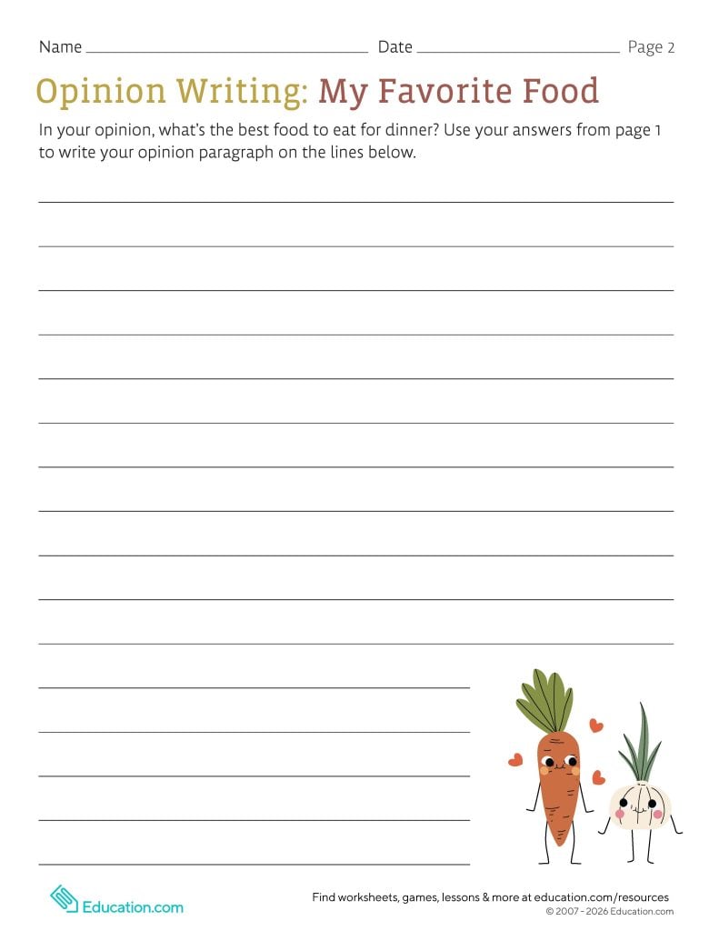 Opinion Writing: My Favorite Food worksheet page 2