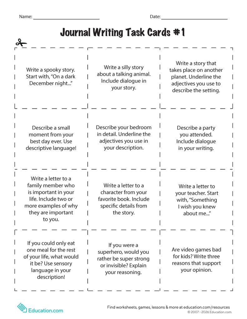 Journal Writing Task Cards worksheet page 1