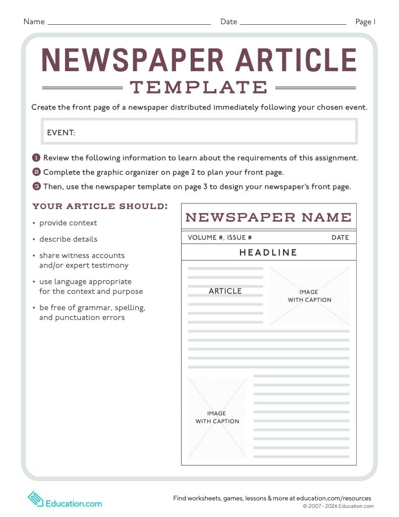 Newspaper Article Template worksheet page 1