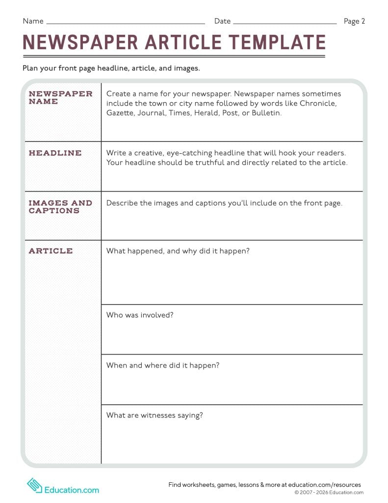 Newspaper Article Template worksheet page 2